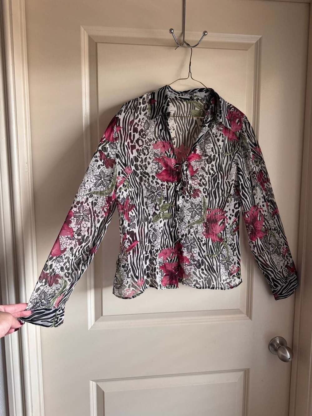 Yak Magik Vintage Zebra Floral Print Sheer Button-Up Blouse